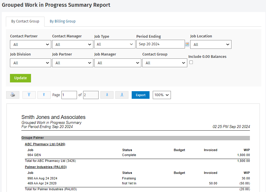 Grouped Work in Progress Summary Report